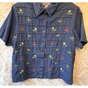 Vintage Sarin Shirt Womens Size 16 New York Denim Embroidered Floral Grandmacore